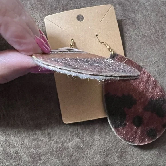 Hair On Hide Faux Leather Jeweled Teardrop Dangle Drop Earrings - Picture 5 of 10